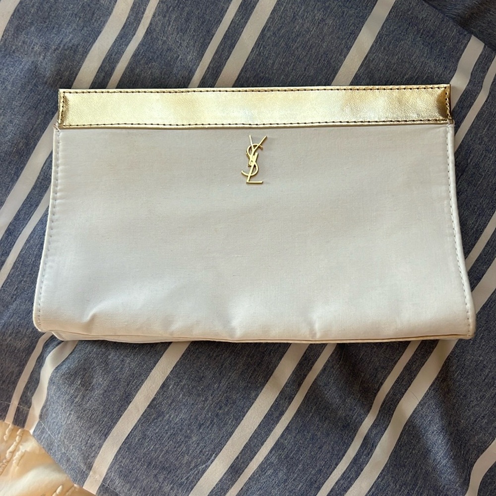 Yves Saint Laurent White Satin Clutch with Gold Accent